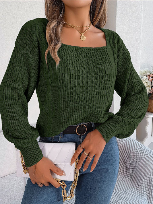 Square Neck Mixed Knit Sweater - Flyclothing LLC