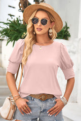 Round Neck Lantern Sleeve Blouse - Flyclothing LLC