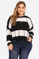 Plus Size Drop Shoulder Color Block Sweater - Flyclothing LLC