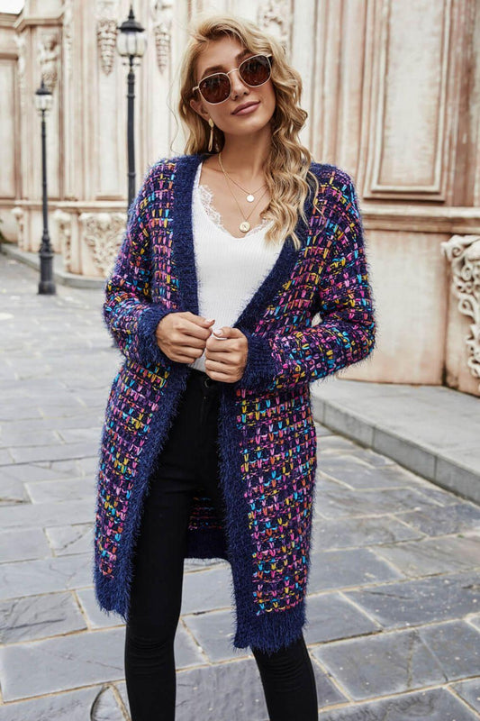 Multicolored Ribbed Trim Open Front Cardigan with Pockets - Flyclothing LLC