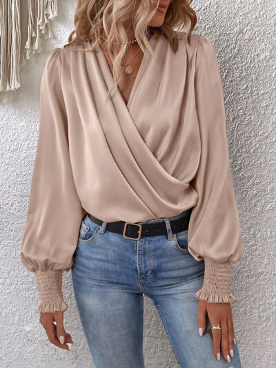 Surplice Smocked Lantern Sleeve Blouse - Flyclothing LLC