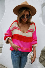 Color Block Scoop Neck Dropped Shoulder Sweater - Trendsi