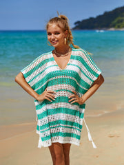 Tassel Openwork Striped V-Neck Cover Up - Flyclothing LLC