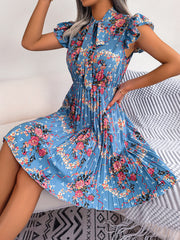 Pleated Floral Printed Tie Neck Knee Length Dress - Flyclothing LLC