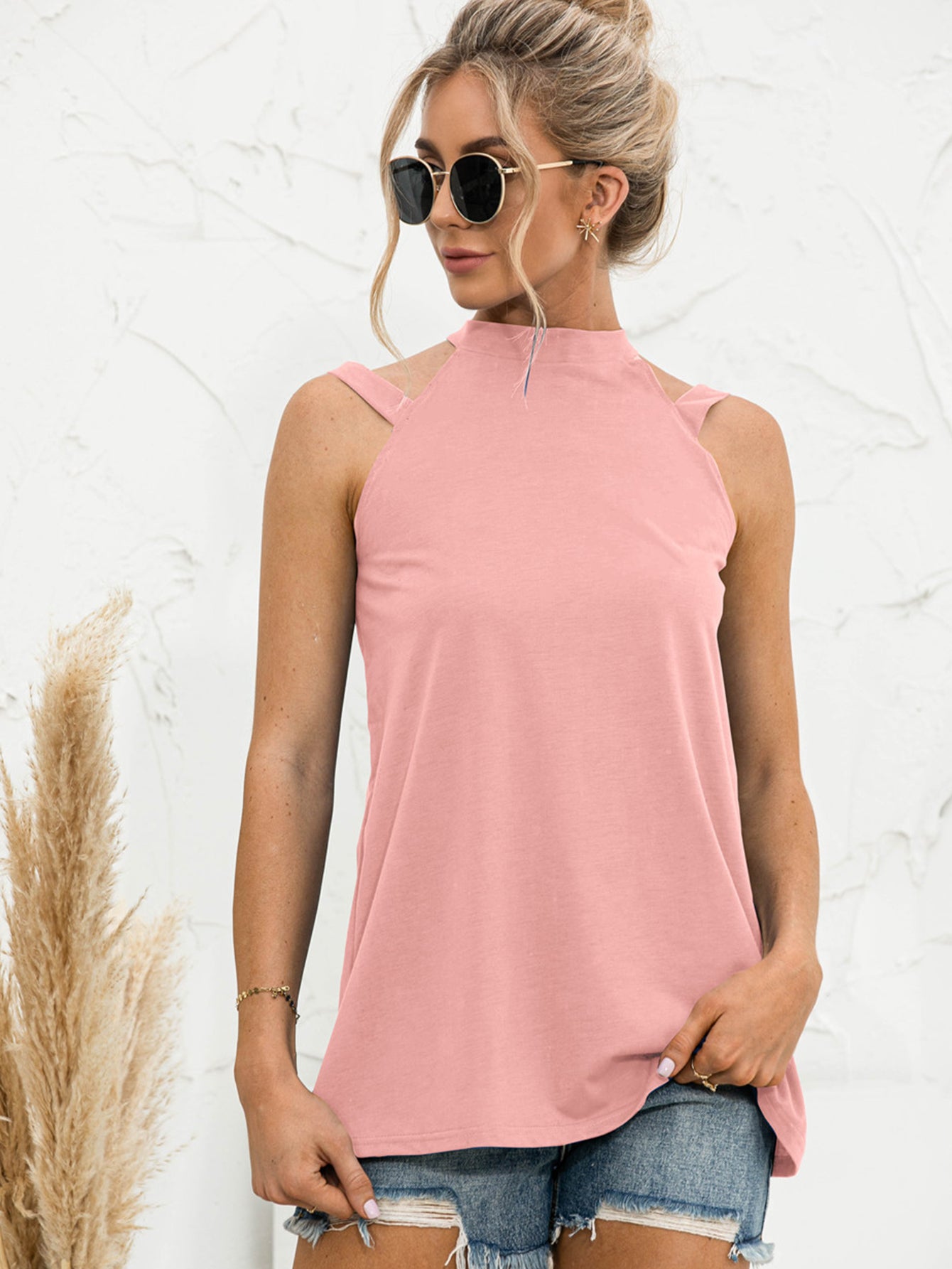 Cutout Mock Neck Tank - Flyclothing LLC