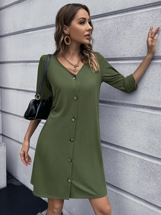 Button Down V-Neck Mini Dress - Flyclothing LLC