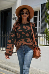 Leopard Ribbed Trim Dropped Shoulder Sweater - Trendsi