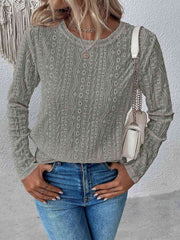 Eyelet Round Neck Long Sleeve Top - Flyclothing LLC