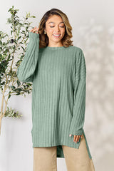 Basic Bae Full Size Ribbed Round Neck Long Sleeve Slit Top - Flyclothing LLC