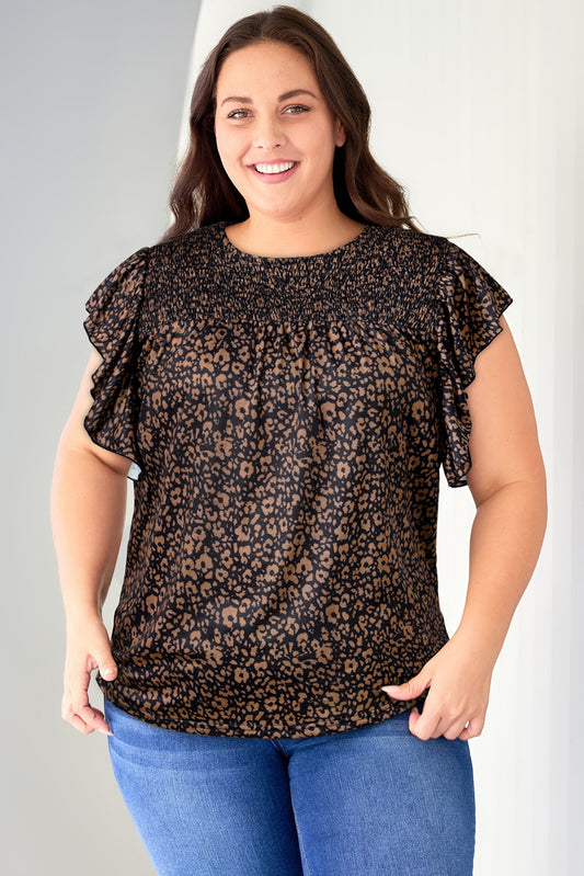 Plus Size Printed Smocked Butterfly Sleeve Blouse - Flyclothing LLC