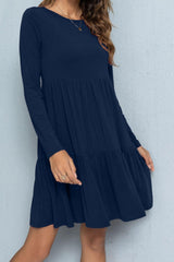 Round Neck Long Sleeved Tiered Dress - Flyclothing LLC