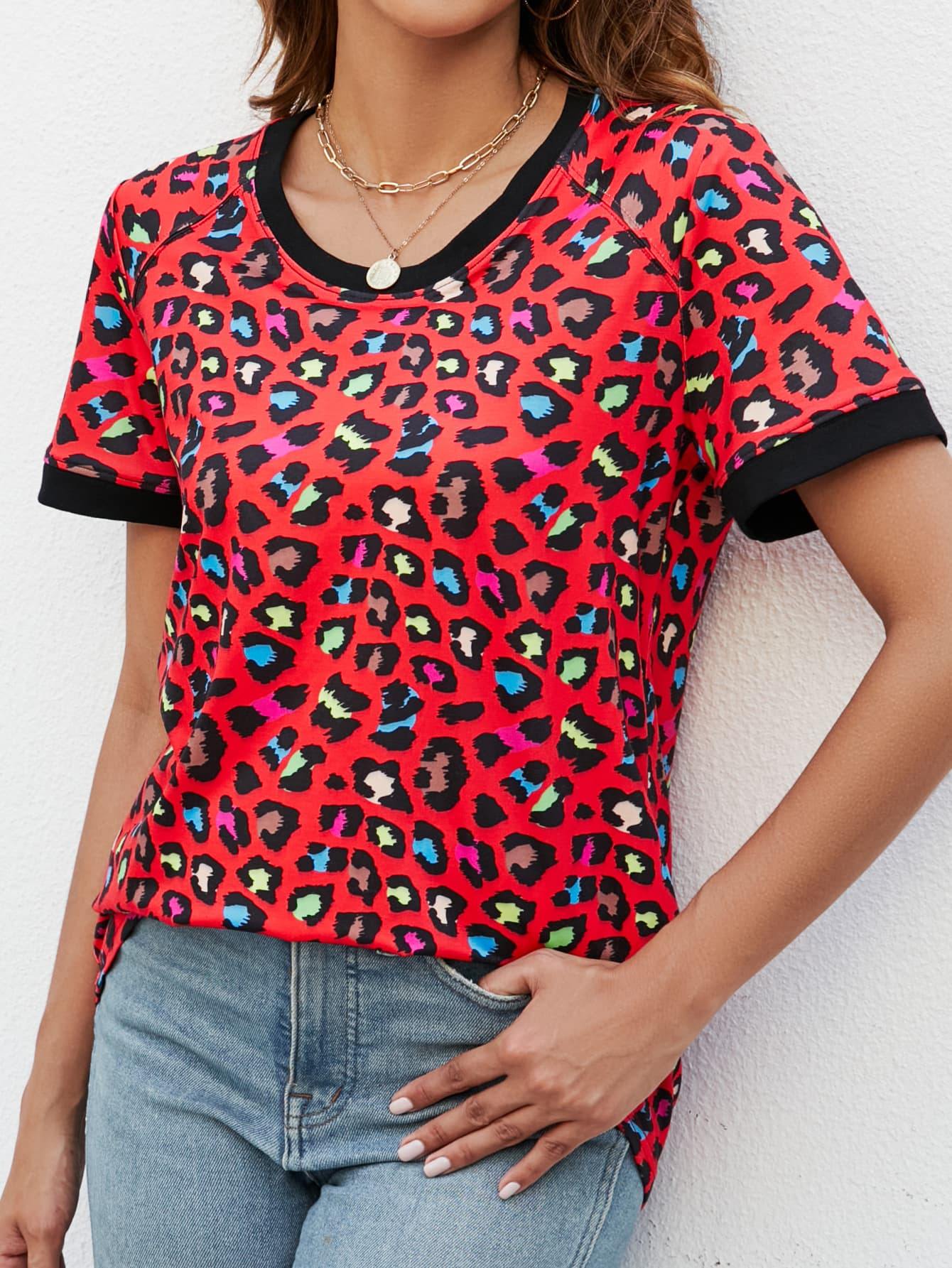 Leopard Round Neck Short Sleeve Tee Shirt - Trendsi