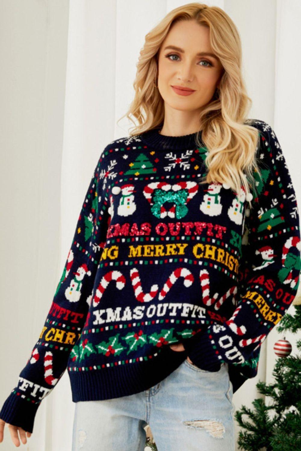 Christmas Print Crewneck Dropped Shoulder Sweater - Flyclothing LLC