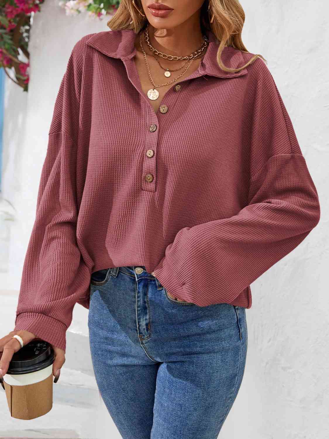 Half Button Collared Neck Long Sleeve Top - Flyclothing LLC