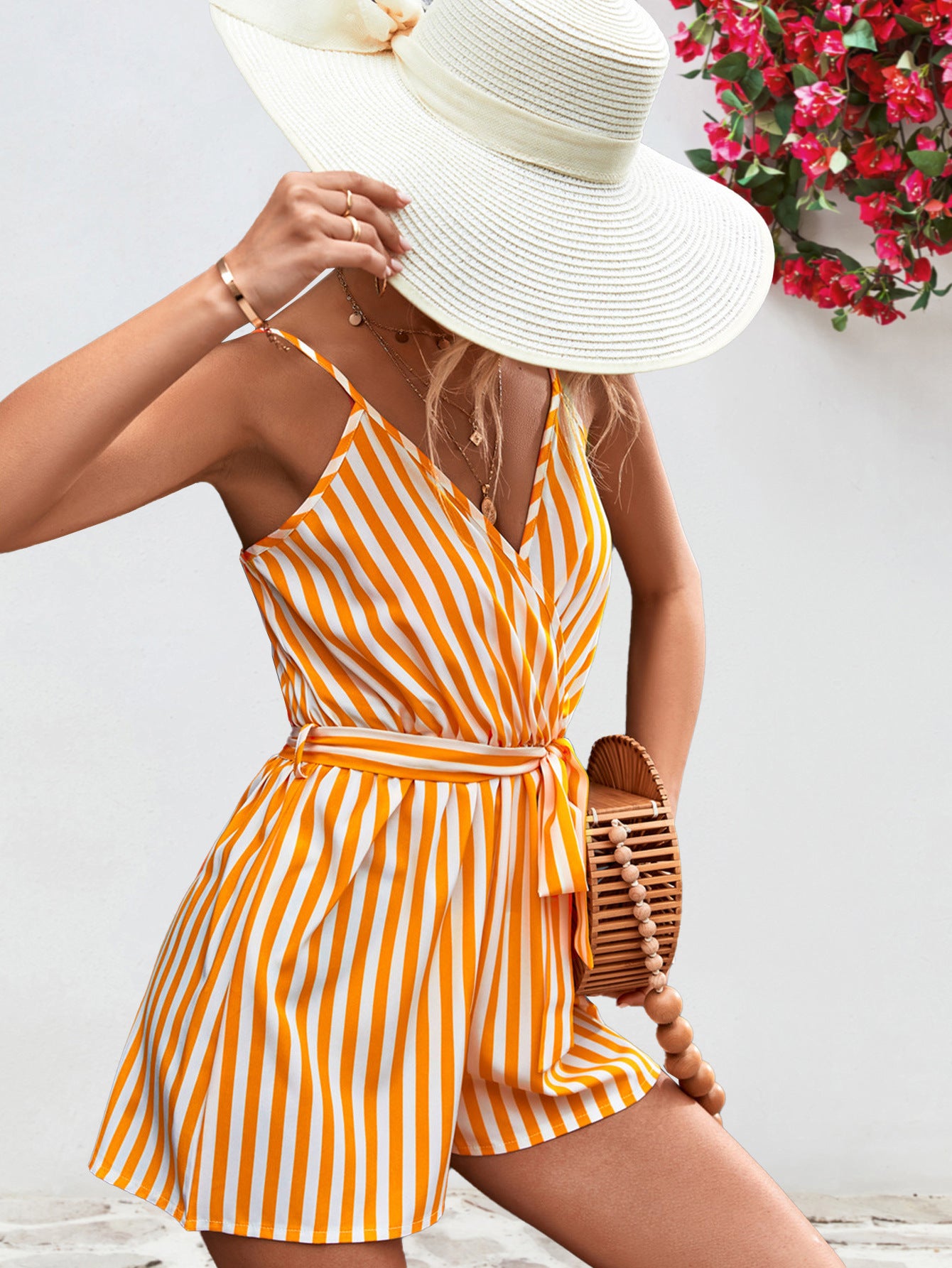 Striped Tie Waist Spaghetti Strap Romper - Flyclothing LLC