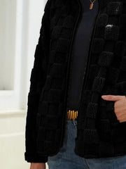 Fuzzy Checkered Zip Up Jacket - Flyclothing LLC