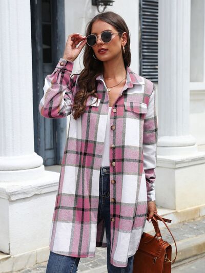 Plaid Belted Collared Neck Button Up Jacket - Flyclothing LLC