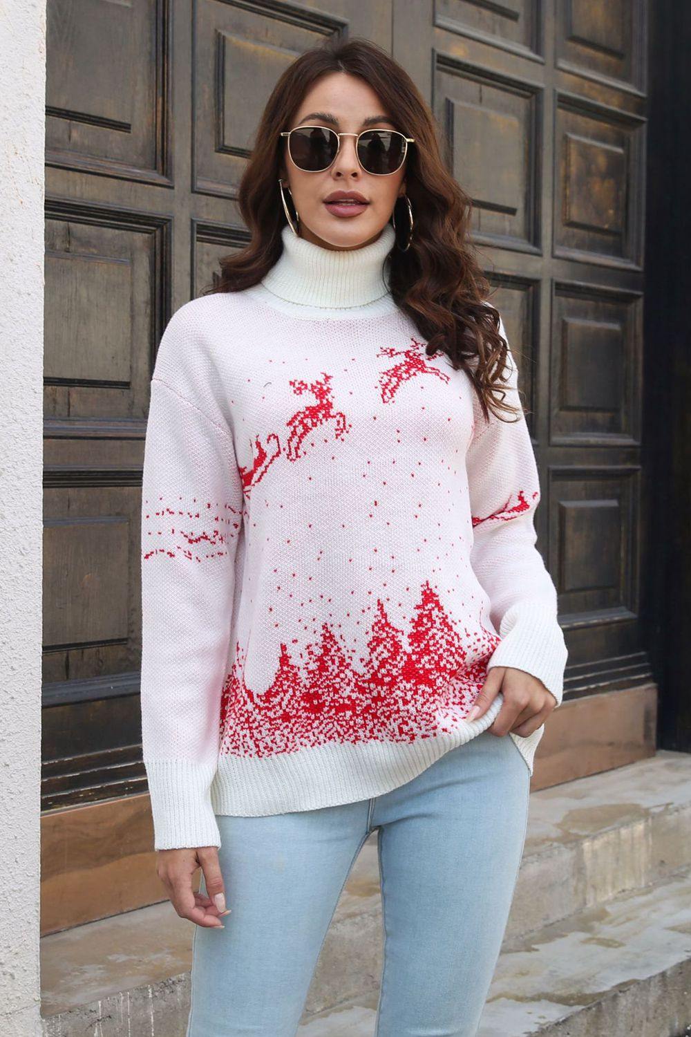 Reindeer & Snow Pattern Turtle Neck Pullover Sweater - Flyclothing LLC