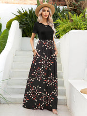 Printed Round Neck Short Sleeve Maxi Dress - Flyclothing LLC