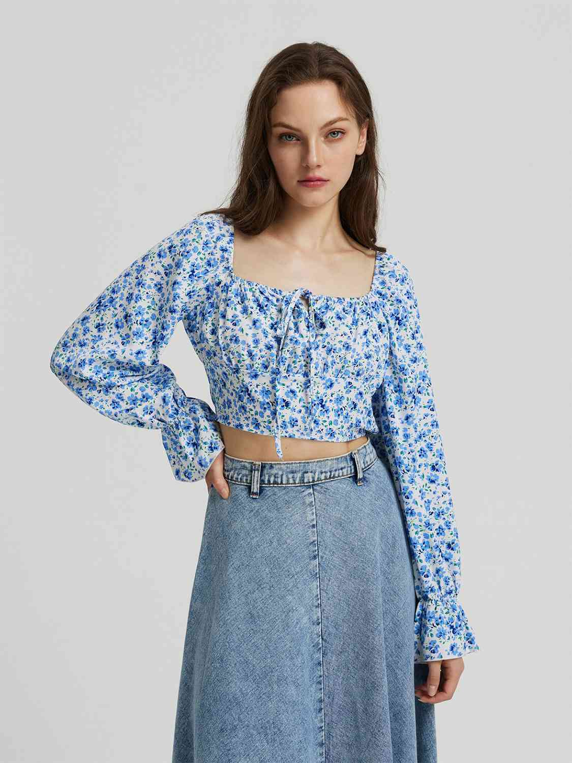 Blue Jacquard Denim Flounce Tie Blouse