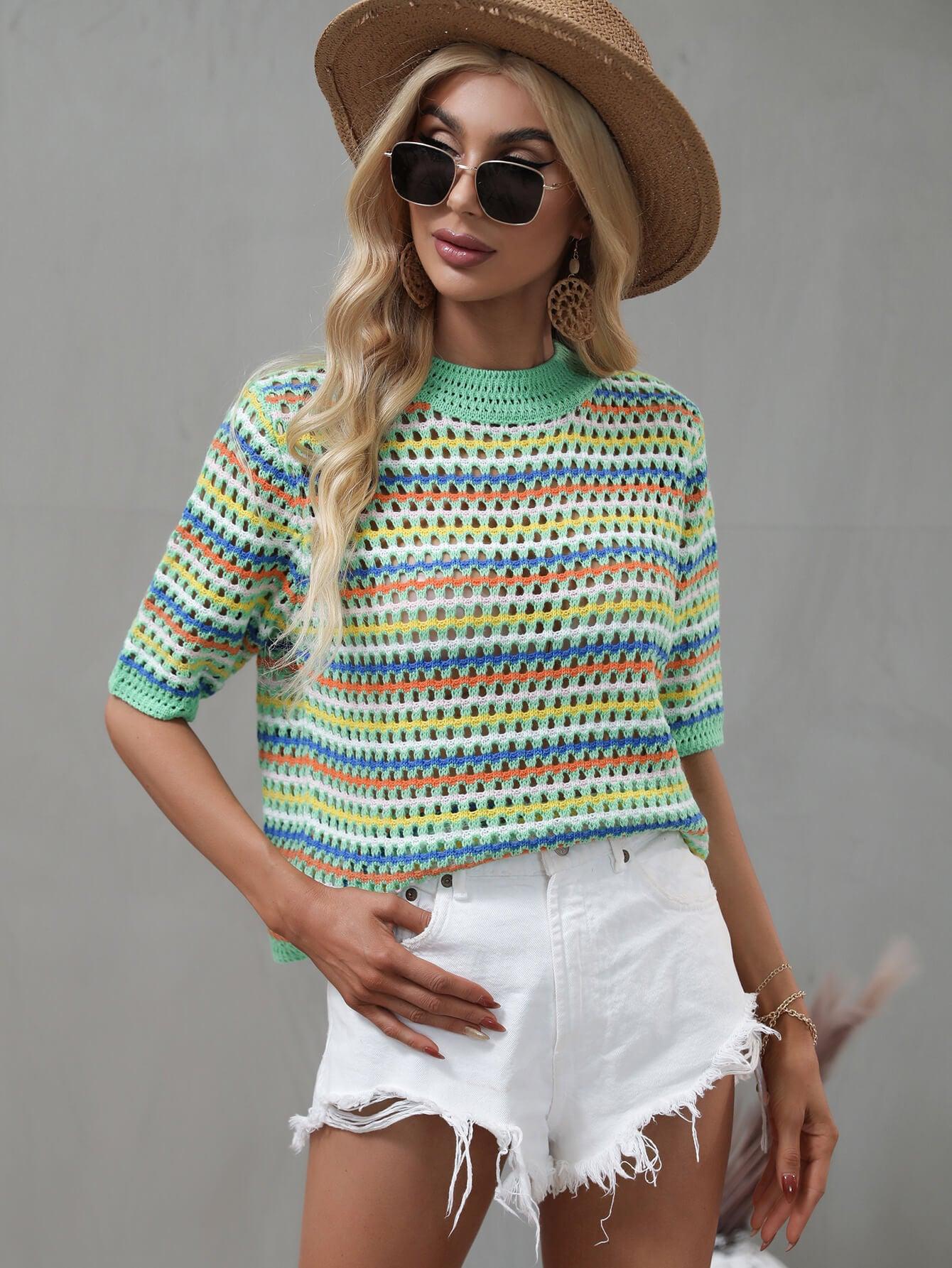 Striped Openwork Half Sleeve Knit Top - Flyclothing LLC