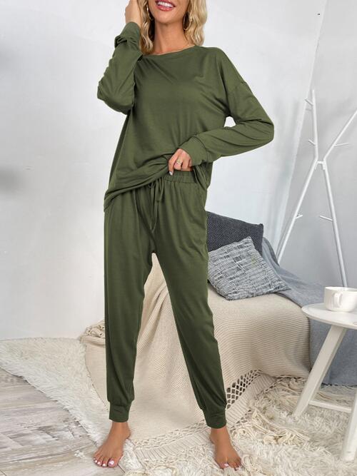 Round Neck Top and Drawstring Pants Lounge Set - Flyclothing LLC