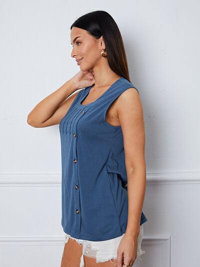 Square Neck Decorative Button Tank - Flyclothing LLC