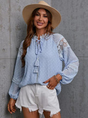 Crochet Tassel Tie Neck Long Sleeve Blouse - Flyclothing LLC