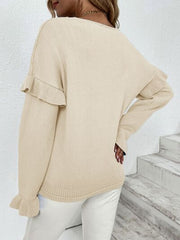 Ruffled V-Neck Dropped Shoulder Sweater - Flyclothing LLC