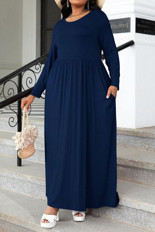 Plus Size Round Neck Long Sleeve Maxi Dress with Pockets - Flyclothing LLC