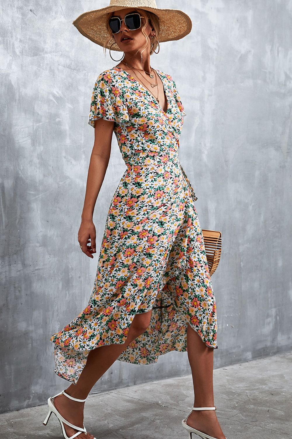 Floral Surplice Neck Tied Midi Dress - Flyclothing LLC