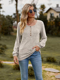 Round Neck Button-Down Long Sleeve Tee - Trendsi