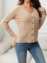 V-Neck Long Sleeve Cable-Knit Buttoned Knit Top - Flyclothing LLC