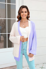 Open Front Contrast Color Balloon Sleeve Cardigan - Flyclothing LLC