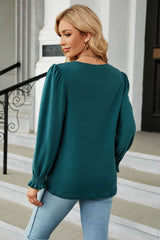 Round Neck Smocked Flounce Sleeve Blouse - Flyclothing LLC