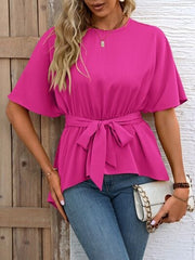 Tied Round Neck Half Sleeve Blouse - Flyclothing LLC