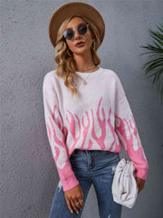 Printed Round Neck Long Sleeve Sweater - Flyclothing LLC