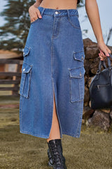 Slit Front Midi Denim Skirt with Pockets - Flyclothing LLC