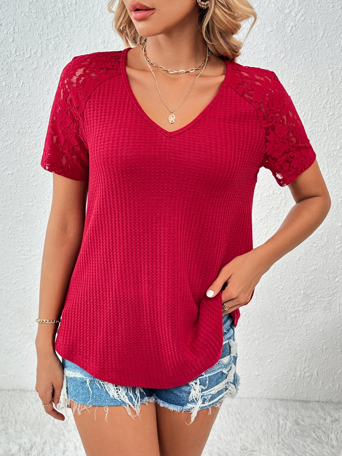 Lace Detail V-Neck Short Sleeve T-Shirt - Flyclothing LLC