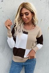 Color Block Ribbed Trim Round Neck Knit Pullover - Trendsi