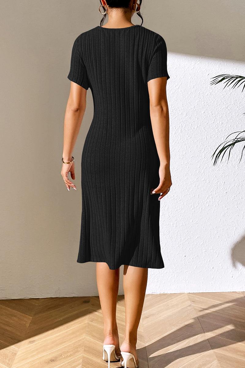 Ribbed Asymmetrical Neck Short Sleeve Dress - Flyclothing LLC