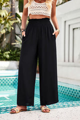 Smocked Wide Leg Pants with Pockets - Flyclothing LLC