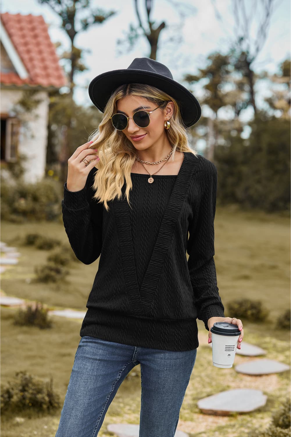 Square Neck Long Sleeve Blouse - Flyclothing LLC