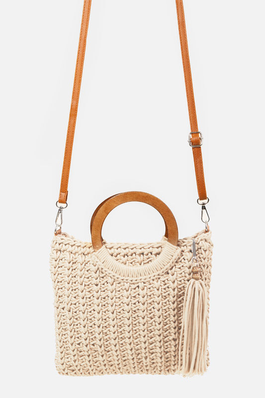 Fame Crochet Knit Convertible Tote Bag with Tassel - Flyclothing LLC