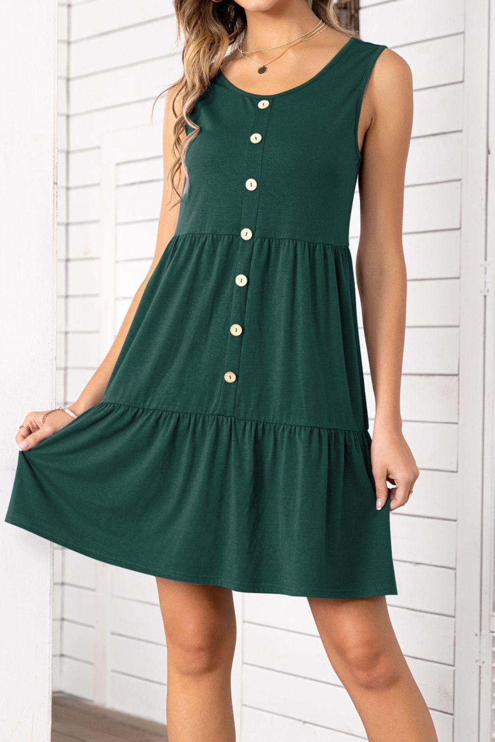 Decorative Button Scoop Neck Sleeveless Tiered Dress - Flyclothing LLC