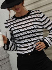 Striped Openwork Long-Sleeve Knit Pullover - Flyclothing LLC