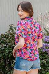 Floral Print Puff Sleeve Round Neck Blouse - Flyclothing LLC