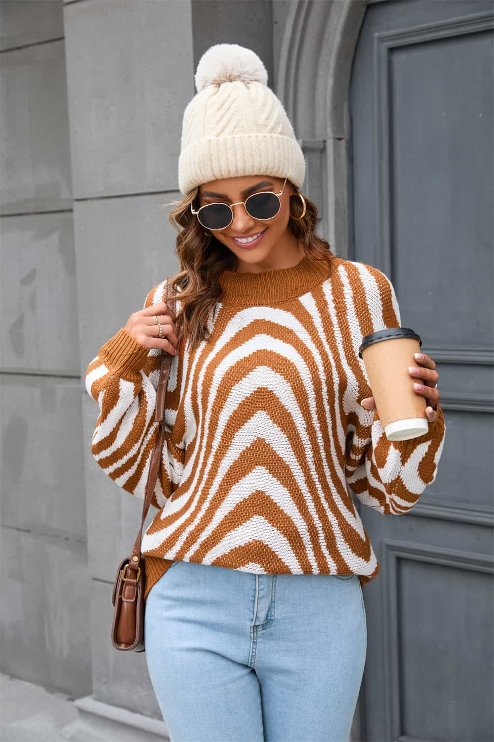 Printed Round Neck Long Sleeve Pullover Sweater - Flyclothing LLC