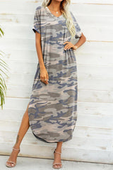 Printed V-Neck Curved Hem Dress - Flyclothing LLC