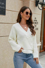 Openwork Surplice Long Sleeve Sweater - Flyclothing LLC